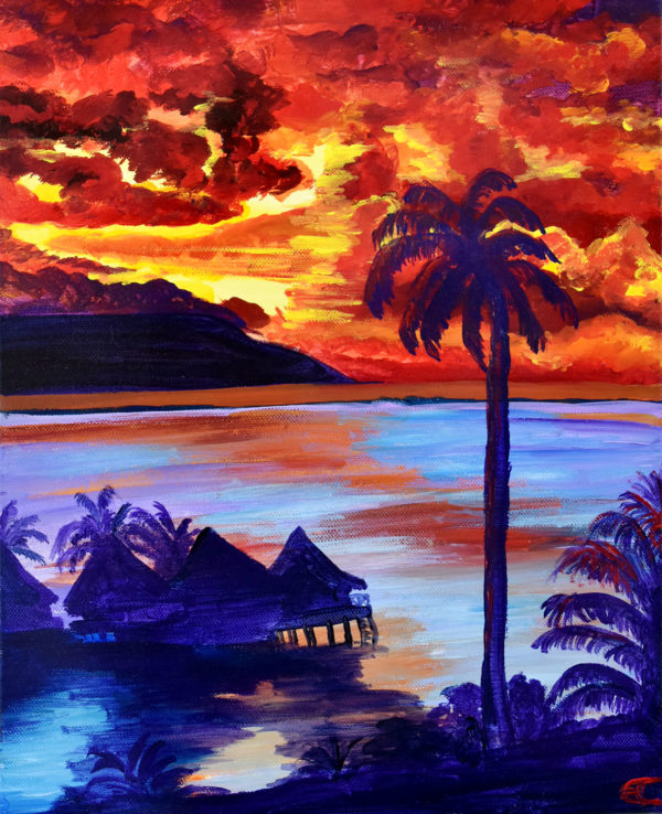 Tahiti : Crépuscule sur la mer.